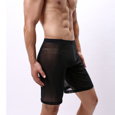 Boxer pour hommes, sous-vêtements en maille, sous-vêtements Sexy, pyjama à longues jambes, culotte transparente, short à poche ► Photo 1/6