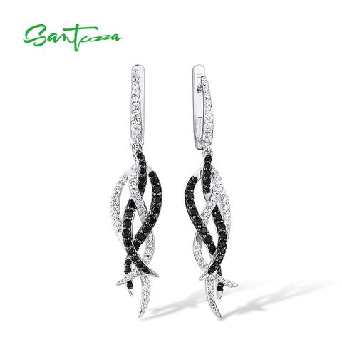 SANTUZZA argent boucles d'oreilles goutte pour femme pur 925 argent Sterling brillant noir spinelle blanc zircon cubique classique Fine bijoux ► Photo 1/6