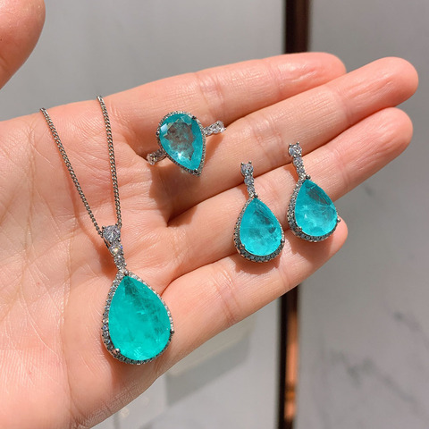 Nouveauté luxe 925 en argent Sterling Paraiba Tourmaline pierres précieuses boucles d'oreilles/pendentif/collier/anneau ensembles de bijoux de mariage en gros ► Photo 1/6