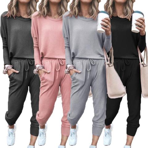 Chemisier à manches longues pour femmes, couleur unie, col rond, Top, cordon de serrage, pantalon de Sport, survêtement, chemises de Sport, automne hiver ► Photo 1/6