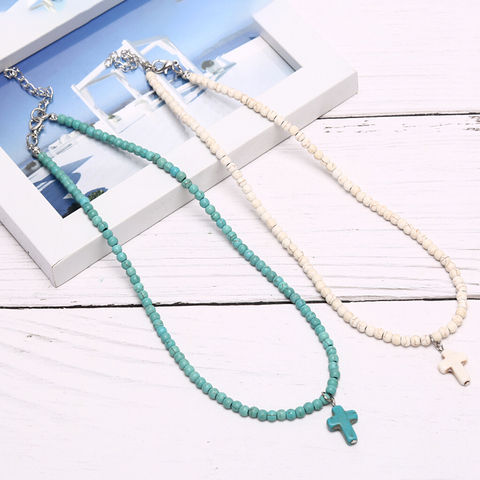 Colliers en pierre Turquoises naturelles pour femmes collier pendentif bleu clair et blanc collier croix de prière ► Photo 1/6