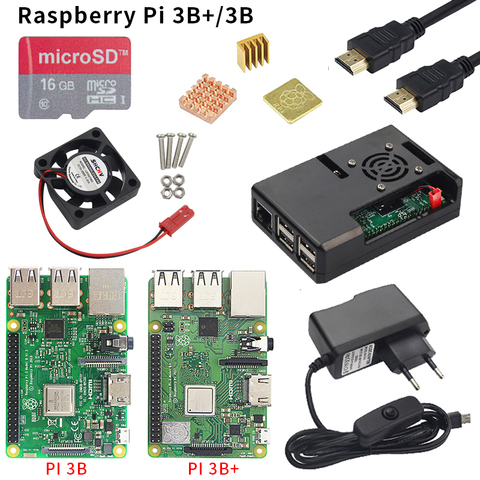 Raspberry Pi 3 modèle B + (B Plus) ou Raspberry Pi 3 modèle B + boîtier ABS + ventilateur + carte SD + dissipateur de chaleur + adaptateur secteur + câble HDMI ► Photo 1/6