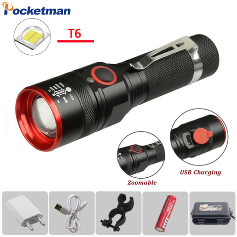 Lampe torche Rechargeable par USB, lanterne pour vélo, 8000, lampe de poche led Lumens, T6, 18650, LED étanche ► Photo 1/6