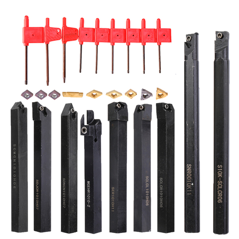 9 pièces Tige 10mm D'alésage De Tour Décolletage Outil Set De Support Avec Inserts En Carbure De Tour En Métal Coupe-Bois CNC Machines-outils ► Photo 1/6