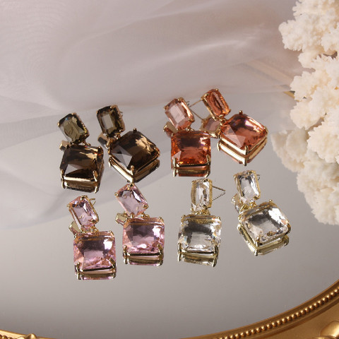 Boucles d'oreilles coréennes en cristal, bijoux à la mode, double carré, quatre couleurs, simple tempérament, pour tous les jours, offre spéciale ► Photo 1/6