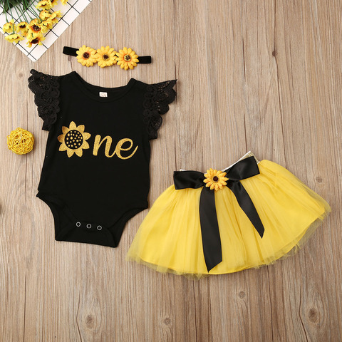 3 pièces bébé fille vêtements nouveau-né dentelle à volants sans manches barboteuse hauts filles Mini Tulle jupe bandeau tenues ensemble ► Photo 1/6