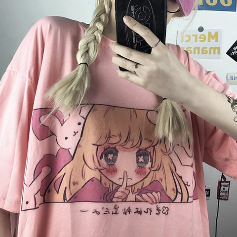 Streetwear japonais Harajuku pour filles, mignon, dessin animé mignon, rose amusant, Kawaii, Tops Ulzzang Vintage, ample, nouveau T-Shirt d'été pour femmes ► Photo 1/6