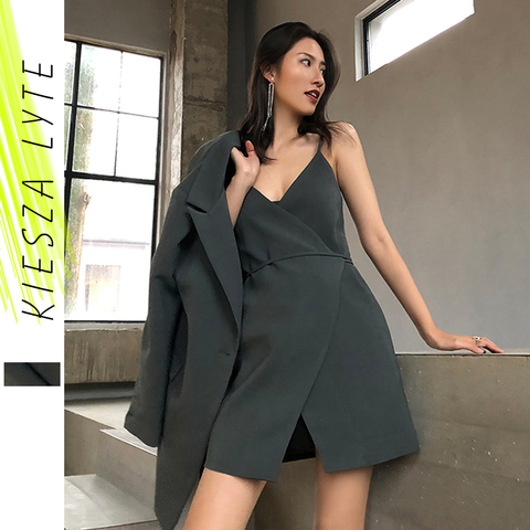 Ensemble blouson + veste, Mini robe sans manches, vert, 2 pièces pour femme, collection automne 2022 ► Photo 1/6