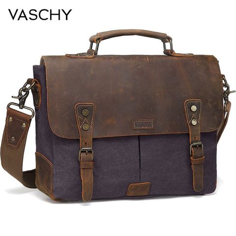 VASCHY-sacoche en cuir véritable hommes, sacoche en toile de 14 pouces sacoche pour ordinateur portable ► Photo 1/6