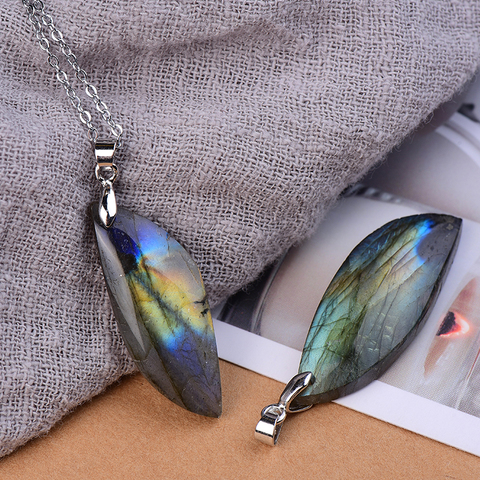 1PC mode Simple naturel labradorite feuille forme pendentif cristaux bruts guérison pierre acier inoxydable unisexe pendentif colliers ► Photo 1/5