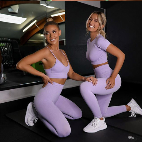 Sans manches Récolte Hauts Ensembles Sans Couture Costumes De Sport Fitness Leggings Ensembles Gym Ensembles D'entraînement De Sport Tenue De Sport ► Photo 1/6