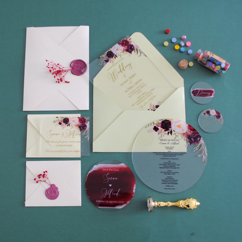 Carte d'invitation de mariage personnalisée en acrylique bordeaux, carte de menu à fleurs rouge vin, 2022 en livraison gratuite ► Photo 1/6