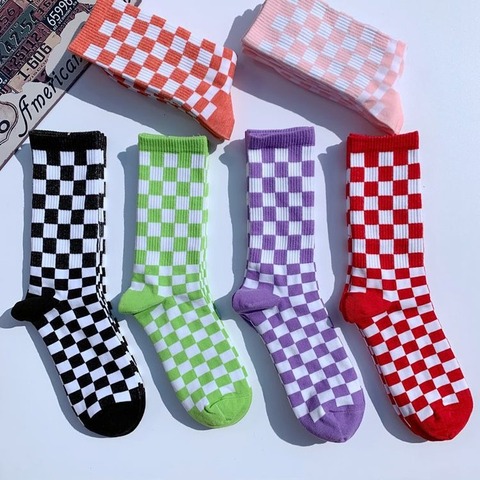 Corée Harajuku mode vérifier chaussettes rue mode sport impression Skateboard chaussettes Hip Hop géométrique damier Hip Hop chaussettes ► Photo 1/5