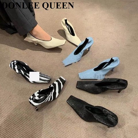 Mode bout carré mince chaussures à talons hauts femmes peu profondes pompes élastiques automne Chaussure pour robe de soirée zèbre Chaussure Zapatillas Mujer ► Photo 1/1