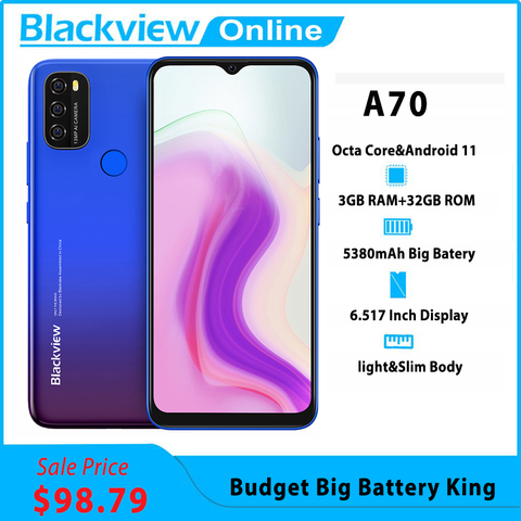 Blackview A70 Android 11 Smartphone 5380mAh grande batterie Octa Core 3GB RAM + 32GB ROM 6.517 pouces affichage 13MP caméra 4G téléphone mobile ► Photo 1/6