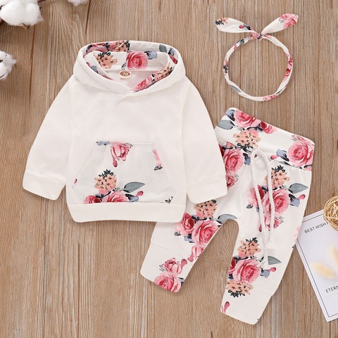 Enfant en bas âge bébé fille vêtements ensemble nouveau-né filles tenue blanc sweat à capuche poche haut + imprimé fleuri pantalon + bandeau printemps nouveau-né mode ► Photo 1/6