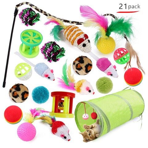 21 pièces chat jouets Kit pliable Tunnel chat jouet amusant canal plume balles souris forme animal chaton chien chat interactif jouer fournitures ► Photo 1/6