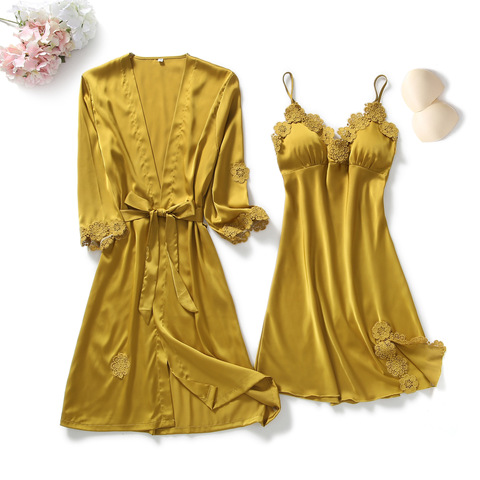 Robe de nuit 2 pièces en Satin jaune pour femme, ensemble Kimono avec coussinet de poitrine, idéal pour l'automne ► Photo 1/6