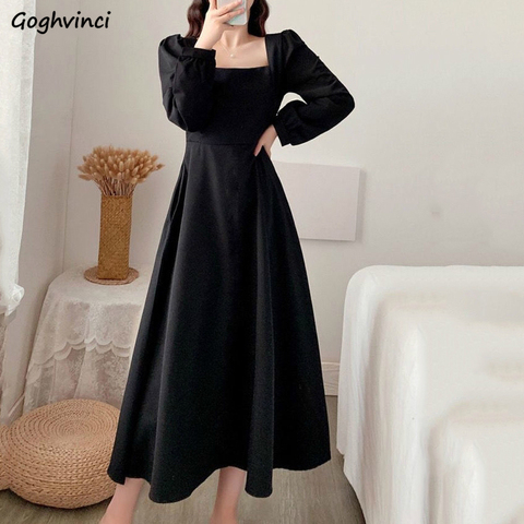 Longue robe femmes solide élégant Style français dames col carré manches bouffantes drapé robes taille haute Simple fête Vestidos Chic ► Photo 1/6