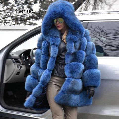 Manteau de fourrure de renard bleu à capuche épais chaud fausse fourrure de renard veste pour les femmes Outwear longue fourrure manteaux 2022 hiver mode luxe Outwear ► Photo 1/6