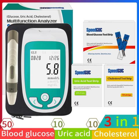 Analyseur de glycémie 3 en 1, appareil multifonction, testeur de cholestérol et d'acide urique, de goutte avec bandes de tests et lancette ► Photo 1/6