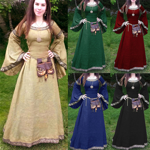 Costumes de Cosplay médiéval pour femmes, robe d'halloween, de carnaval, de fête, à manches longues, solides, robes de Renaissance ► Photo 1/6