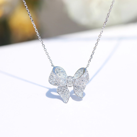 Collier à nœud papillon en argent S925 pour femmes, pendentif avec pierre de Zircon scintillante, longue chaîne, bijoux à la mode, offre spéciale ► Photo 1/6