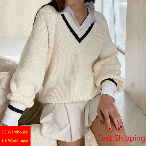 Col en V blanc pull décontracté femmes Preppy Style coréen à manches longues pulls dames haute rue automne hiver pull ► Photo 1/6