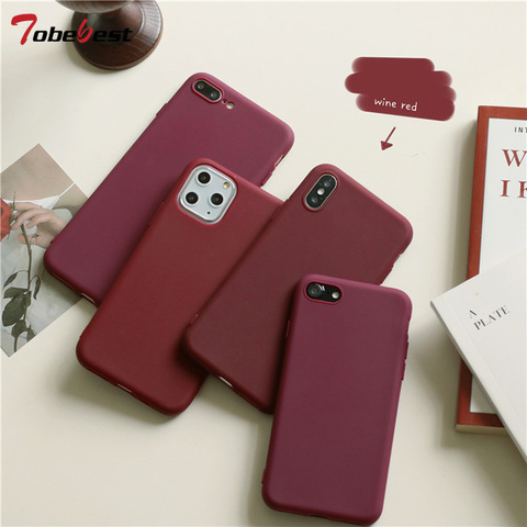 Étui de téléphone mat rouge vin pour iphone 12 11 Pro XS Max XR X 8 7 6S 6 plus SE 5 5S étuis en Silicone couleur unie couverture arrière en TPU souple ► Photo 1/6