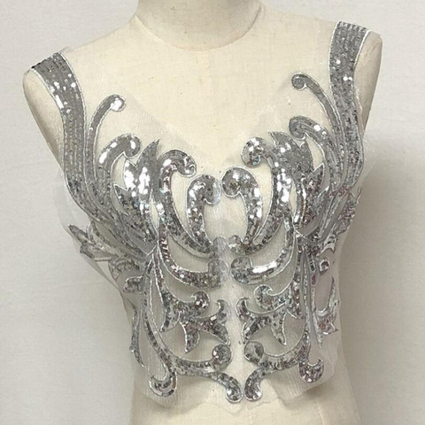 Robe brodée en dentelle argentée à col flore | Maille, Vintage Baroque, cousue sur les patchs, pour la décoration de mariage, bricolage, robe ► Photo 1/4