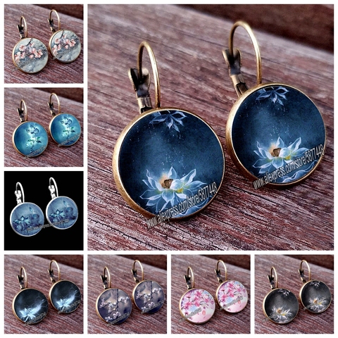 Rétro fait à la main Lotus Fower femmes modèle verre Cabochon boucle d'oreille boucle d'oreille fleur fleur boucle d'oreille pour femme et fille ► Photo 1/6