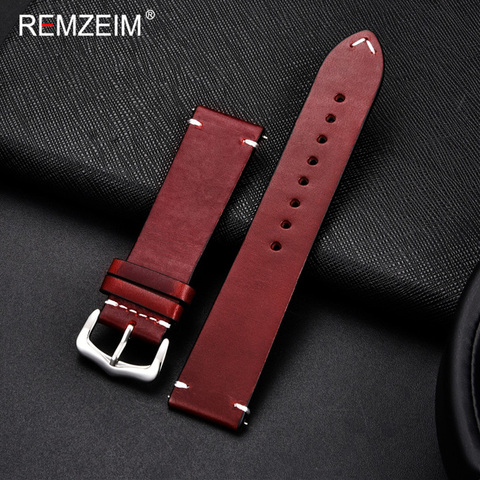 REMZEIM Bracelet en cuir de vache 18mm 20mm 22mm 24mm Vintage en cuir hommes femmes remplacement Bracelet Bracelet Bracelet Bracelet montre accessoires ► Photo 1/6