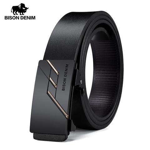 BISON DENIME ceinture en cuir véritable hommes | Ceinture à boucle automatique, classique mode vache de luxe, ceinture en cuir véritable pour hommes, N71581 ► Photo 1/6