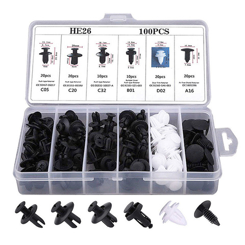 100 pièces mixte Auto attache agrafe voiture corps pousser retenue goupille Rivet pare-chocs porte clips de fixation de garniture Kit de fixation voiture accessoires ► Photo 1/6