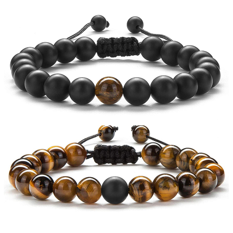 Bracelet en perles naturelles œil de tigre unisexe, Charme en onyx, cadeau pour les couples à distance et les amis, bijou élastique, lot de 2 pièces ► Photo 1/6