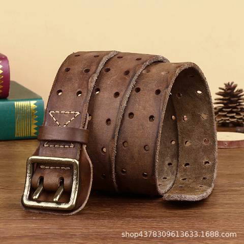 Ceintures chaudes luxe marque ceinture peau de vache en cuir véritable laiton cuivre double aiguille boucle jeunes hommes ceinture marque nouveau style cowboy ► Photo 1/6