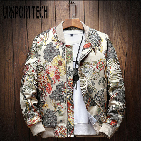 URSPORTTECH nouveau automne hiver décontracté hommes manteau japonais broderie Slim Fit Bomber veste mâle coupe-vent hommes manteaux M-5XL ► Photo 1/6