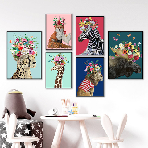 Coloré léopard girafe Lion renard fleur couronne mur Art toile peinture nordique affiches et impressions mur photos enfants chambre décor ► Photo 1/6