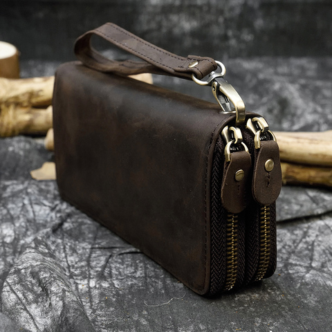 MAHEU-porte-monnaie en cuir Crazy Horse pour hommes, pochette, Double fermeture éclair, porte-cartes 24, porte-cartes, Long portefeuille en cuir véritable ► Photo 1/6