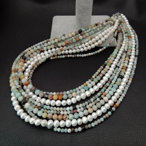 Collier d'amazonite naturelle, perles d'eau douce blanches, 8 brins, 4mm, couleur mixte, 19 à 23 pouces, fait à la main, pour femmes ► Photo 1/6