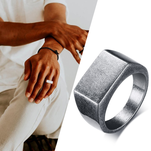 Bague chevalière homme carré haut plat couleur argent oxydé acier inoxydable Vintage rustique homme bijoux ► Photo 1/6