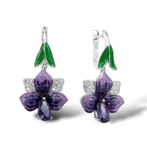 Classique argent fleur pétale à la main émail boucles d'oreilles pour les femmes violet foncé Zircon feuille pendentif boucles d'oreilles bijoux Vintage ► Photo 1/5