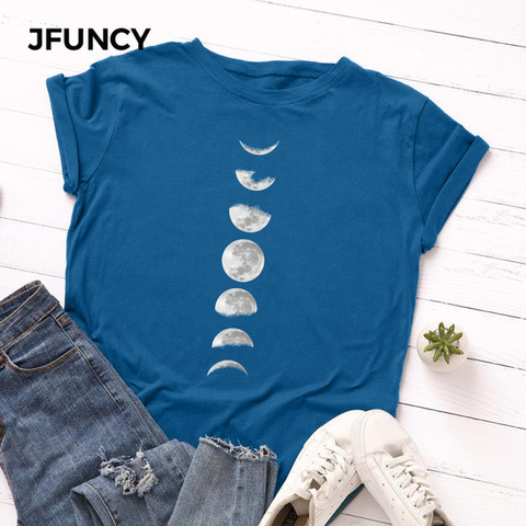 JFUNCY – T-Shirt à manches courtes et col rond pour femme, estival et décontracté, S-5XL coton, avec impression de lune, grandes tailles, 100% ► Photo 1/6