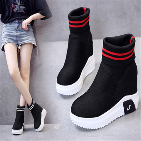 2022 automne nouvelle chaussette bottes femme 11 CM Hided cale plate-forme femme chaussures décontractées cale dame à tricoter courte plate-forme bottines ► Photo 1/6