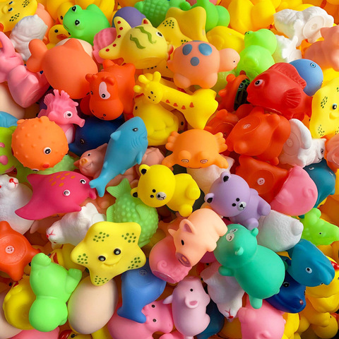 Jouets de bain en caoutchouc souple coloré, 5 pièces/paquet, animaux de dessin animé, poisson, jeu d'eau de natation pour bébé, jouets classiques à presser ► Photo 1/6