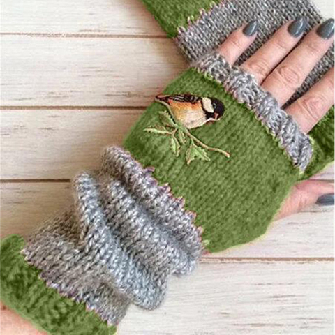 Broderie oiseaux gants coton sans doigts gant pour femmes tricoté bloc épissure mitaines femmes filles gants sans doigts ► Photo 1/6