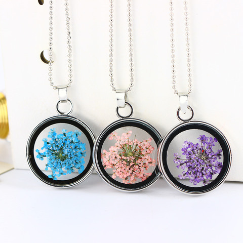 Collier en verre rond flottant, pendentif fleur séchée, à la mode, bijoux fins d'été pour femmes/filles, cadeau pour amie ► Photo 1/6