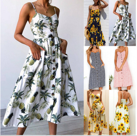 Robe de plage rétro pour femmes, tenue de loisirs, mi-longue, style Boho, Sexy, boutons, dos nu, motifs à pois, fleurs, rayures, été, 2022 ► Photo 1/6