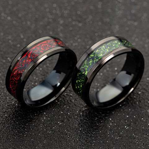 Bague de mariage Dragon en acier inoxydable, bijoux à la mode, rouge, vert, en Fiber de carbone, confortable avec incrustation Dragon et noir, adapté pour hommes ► Photo 1/6