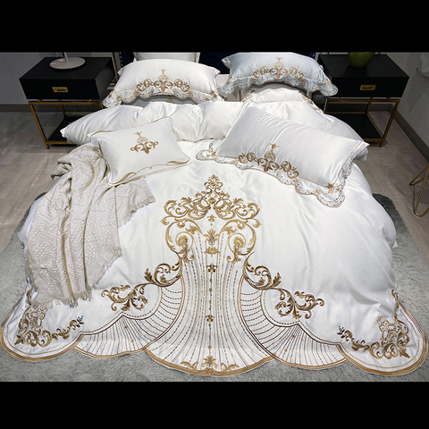 Blanc doux Satin soie coton or broderie palais européen ensemble de literie Double housse de couette linge de lit dentelle lit jupe taies d'oreiller ► Photo 1/6